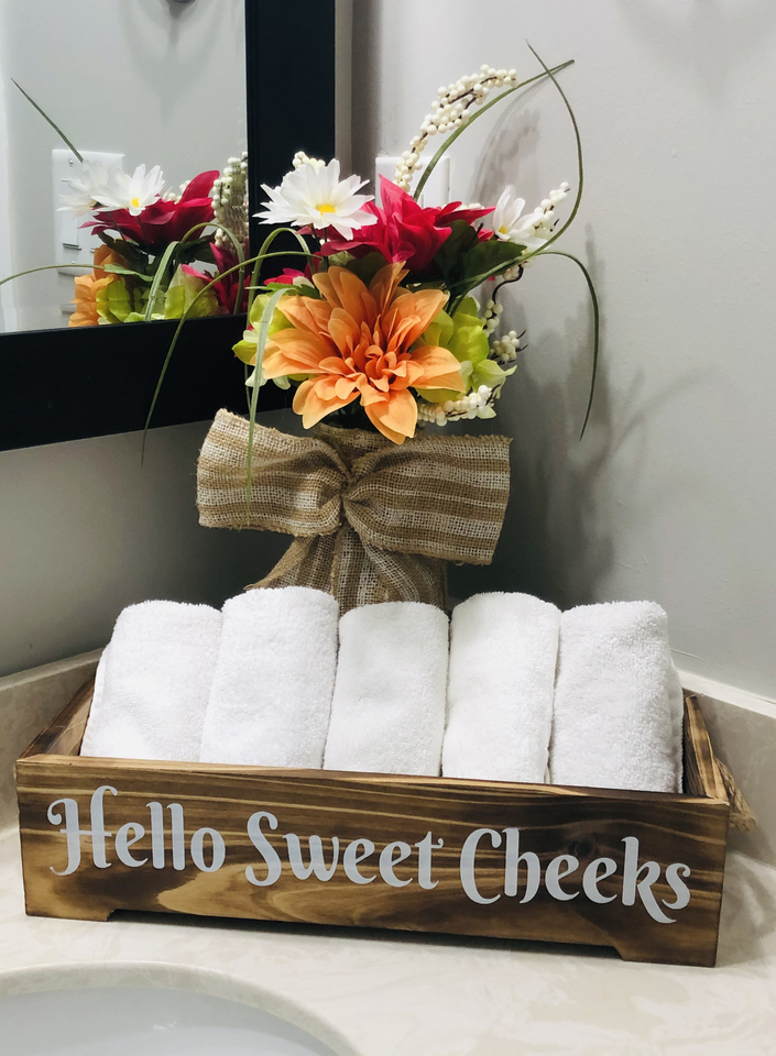 Hello Sweet Cheeks Bathroom Decor Box | Modern Rustic Farmhouse Wooden Toilet Storage Organizer for Tissue Rolls and Plants.