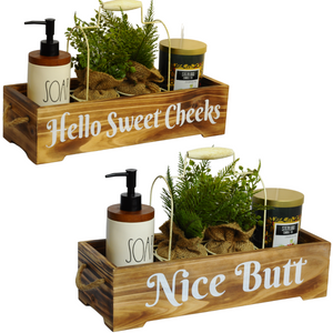 Hello Sweet Cheeks Bathroom Decor Box | Modern Rustic Farmhouse Wooden Toilet Storage Organizer for Tissue Rolls and Plants.